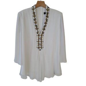 Tadashi Shoji Embellished Blouse Jewel Neck Ivory Mesh Layered Top  Sz 12‎